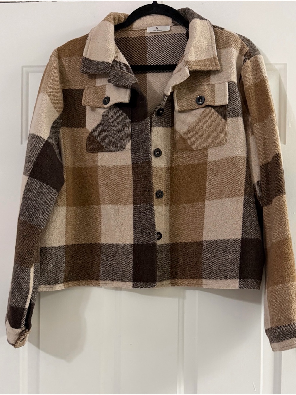 Plaid Utility Shacket Jacket in Brown and Cream